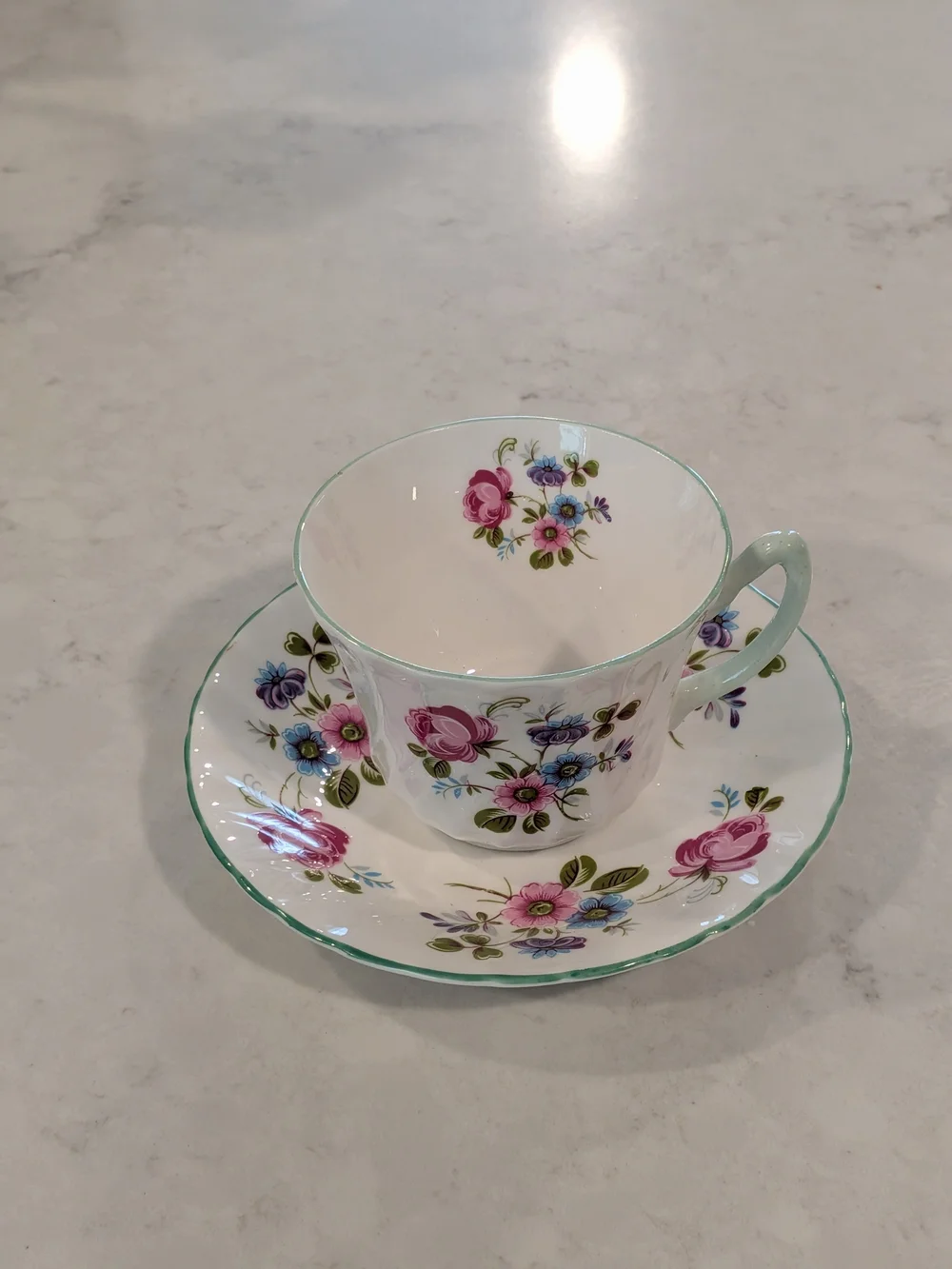 Vintage Floral Teacup and Saucer - Pink & Blue Floral Design